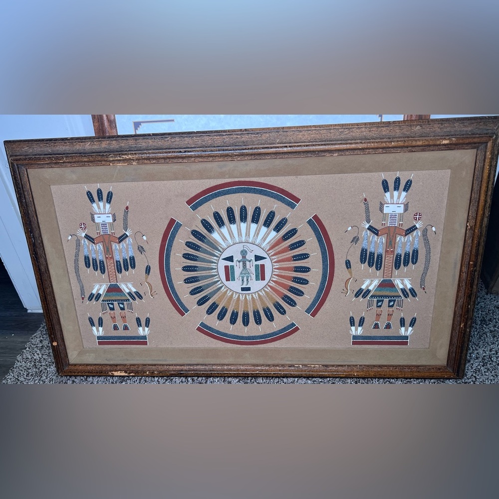 Vintage Indian Native American Navajo Sand Art Painting Signed Wood Framed 17x29